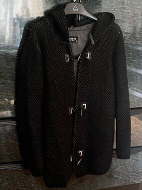 Black Wool Blend Hooded Toggle Knit Pea Coat